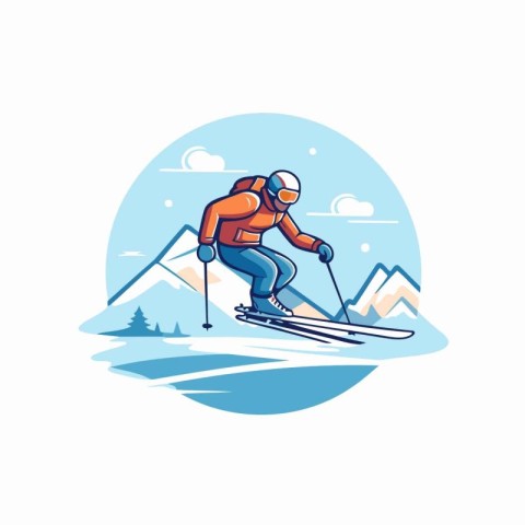 Ski resort logo with skier and mountains. Vector illustration.