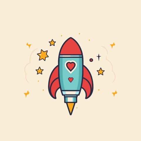 Rocket with heart and stars. Vector illustration in flat linear