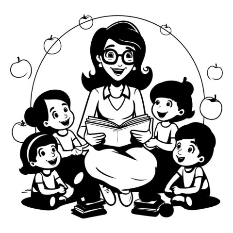 teacher reading a book to her children. black and white vector i