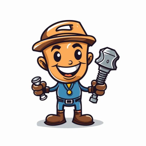 Plumber character cartoon with spanner and wrench. Vector illust