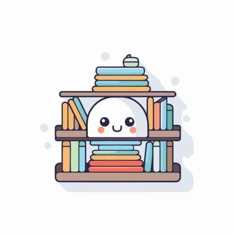 Cute book shelf with stack of books. Vector cartoon character il