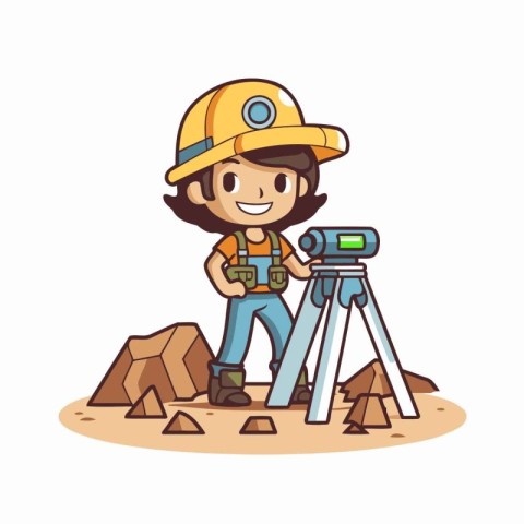 Cartoon engineer with camera on the construction site. Vector il