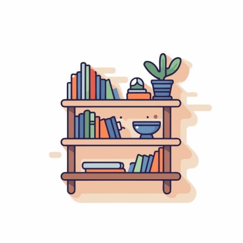 Bookshelf with books and potted plant. Vector illustration.