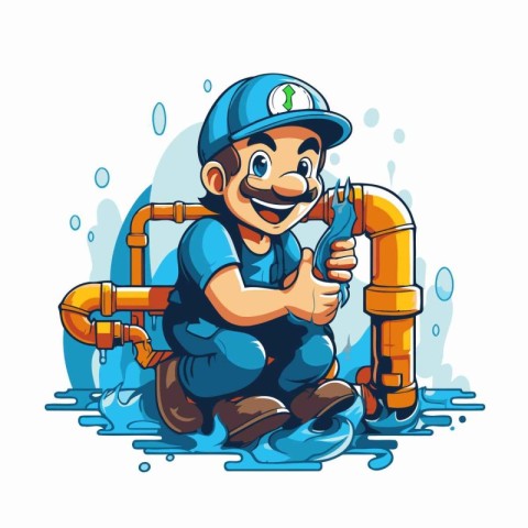 Plumber with wrench in his hand. Vector illustration isolated on