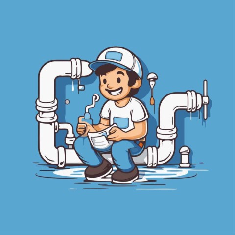 Plumber cartoon character with pipe and water tap. Vector illust