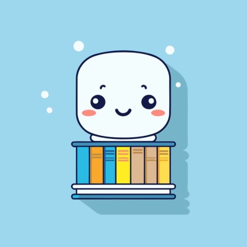 Cute book character with bookshelf on blue background. Vector il