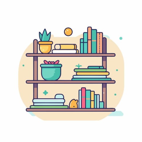 Bookshelf with books and decorations. Flat style vector illustra