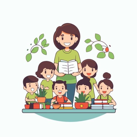 Vector illustration of a teacher reading a book to her students