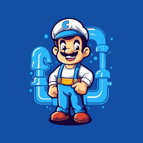 Plumber cartoon character with gas pipe. Vector illustration iso