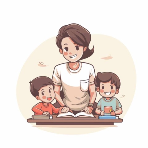 Mother reading book with her children. Vector illustration in ca