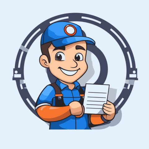 Plumber in blue uniform holding clipboard. Vector cartoon charac