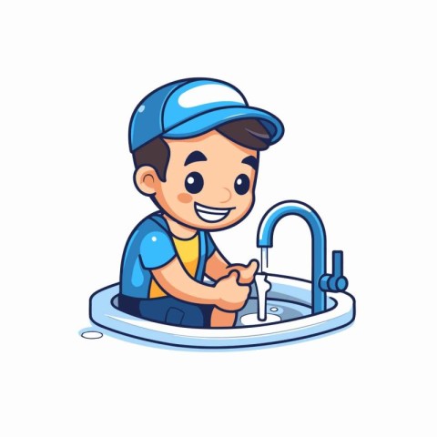 Plumber boy washing his hands in the sink. Vector illustration.