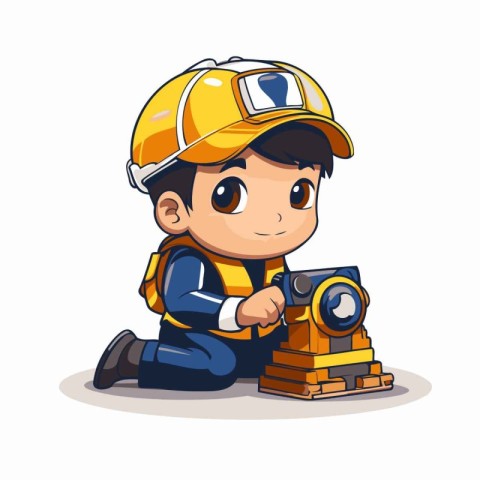 Cute little engineer boy playing with construction equipment. Ve