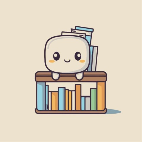 kawaii piggy bank with books over bookshelf vector illustration