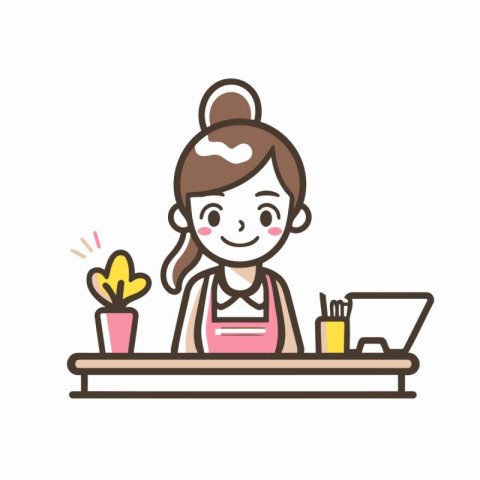 Illustration of a female barista in front of a laptop.