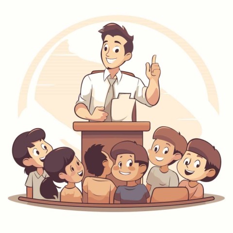 Teacher and students. Vector illustration in cartoon style on wh