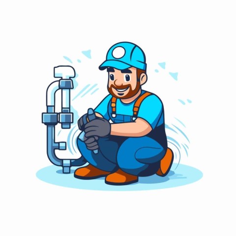 Plumber in uniform and helmet with pipe. Vector illustration in