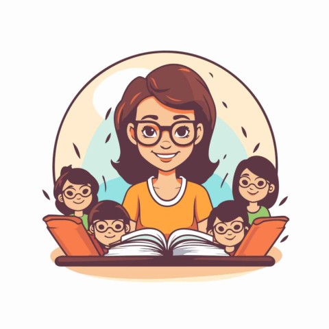 Vector illustration of teacher in glasses reading book with grou