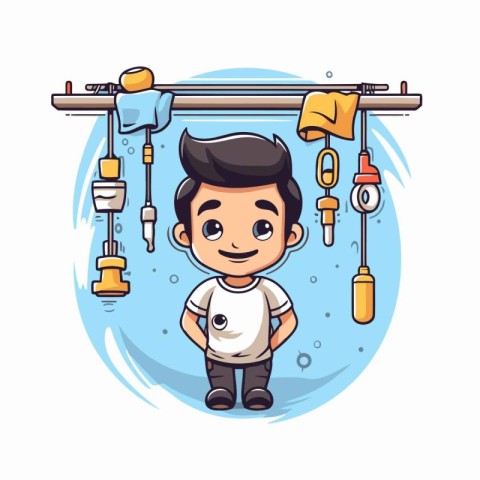 Cute little boy with plumber tools. Vector cartoon illustration.