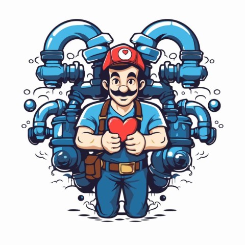 Plumber holding a red heart in his hands. Vector illustration.