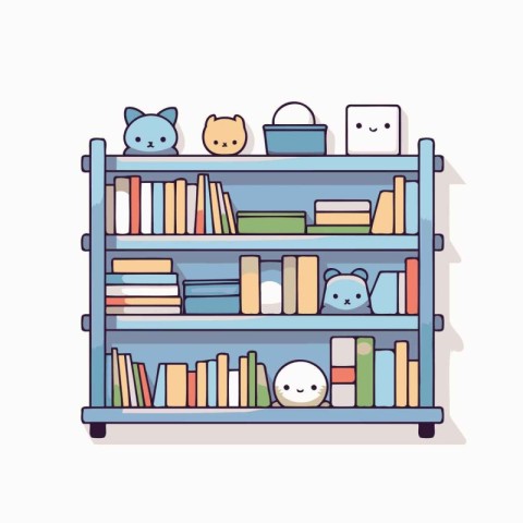 Bookshelf with books and cats. Flat style vector illustration.