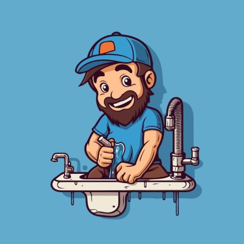 Plumber fixing a sink with a screwdriver. Vector illustration.