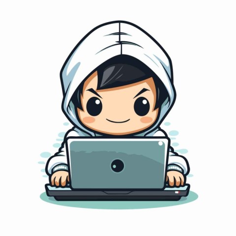 Cute Kid with Laptop - Cute Cartoon Vector Illustration