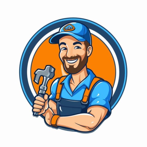 Vector illustration of a plumber holding a spanner and wrench.