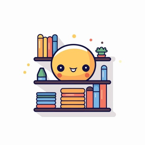 Cute bookshelf with happy cartoon character. Vector illustration