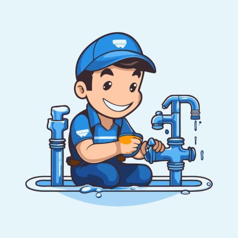 Plumber repairing tap. Vector illustration in cartoon style on b