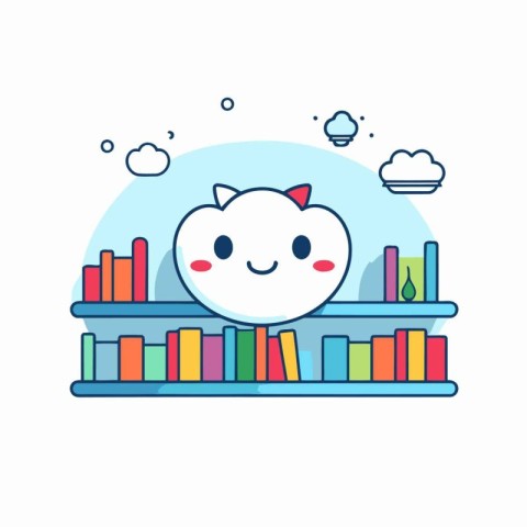 Cute cat on bookshelf. Flat design. Vector illustration.