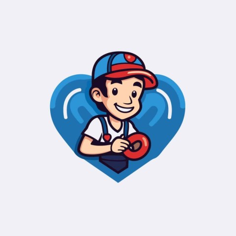 Vector illustration of a plumber holding a wrench in a heart sha