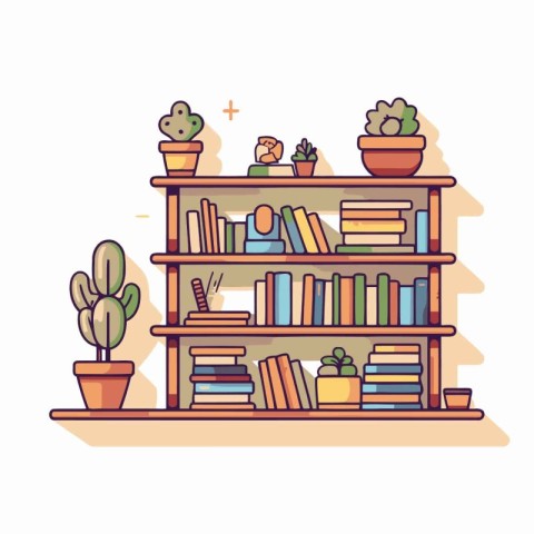 Bookshelf with books and plants. Flat style vector illustration.