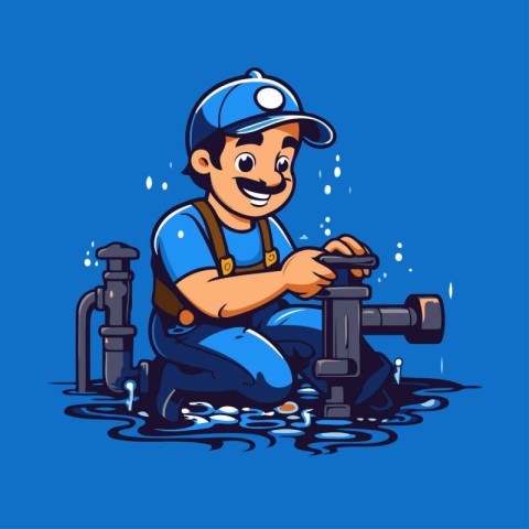 Plumber with water tap. Vector illustration isolated on blue bac