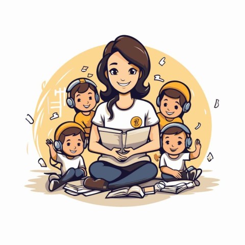 Vector cartoon illustration of a teacher reading a book to her s