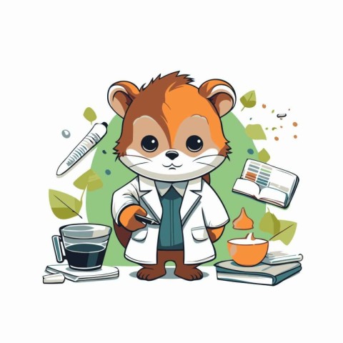 Cute animal in lab coat with a cup of coffee. Vector illustratio