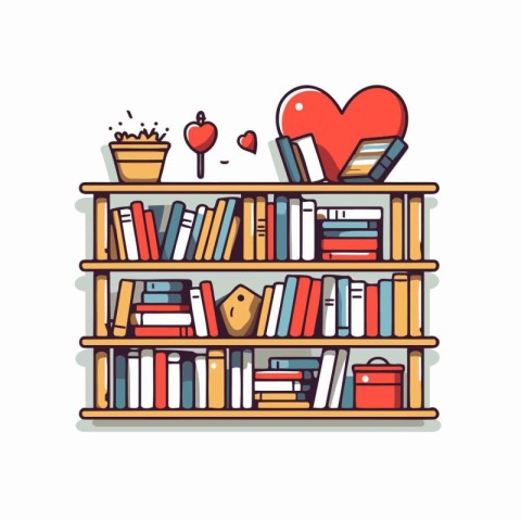 Vector illustration of bookshelf with books. hearts and other it