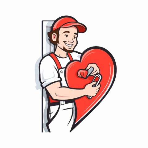 Vector illustration of a red heart with a plumber holding a wren