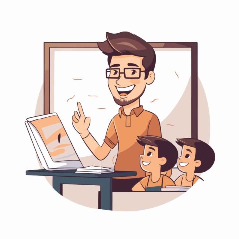 Teacher and students in classroom. Vector illustration in cartoo