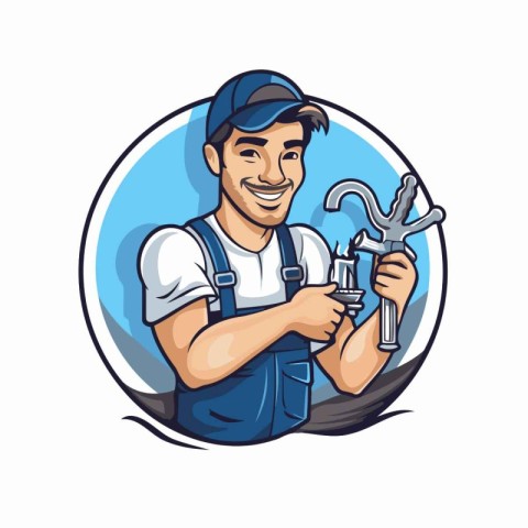 Plumber with tools. Vector illustration of a plumber holding a w