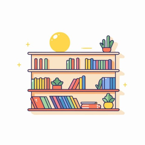 Bookshelf with books and plants. Flat style vector illustration.