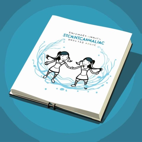 Hand drawn sketch of happy children playing on book. Vector illu