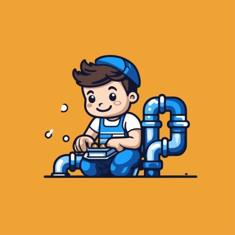 Plumber cartoon character. Vector illustration. Plumber icon. Pl