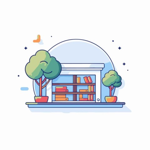 Bookshelf with books and tree. Flat style vector illustration.