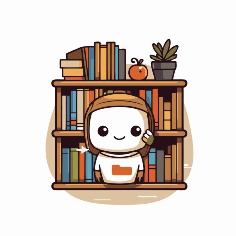 Cute cartoon robot sitting on bookshelf. Vector illustration.