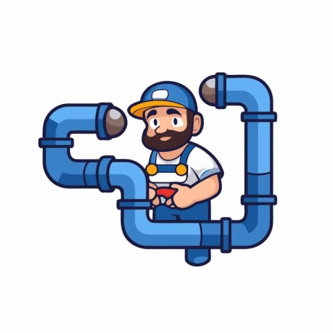 Plumber with pipe. Vector illustration in cartoon style on white