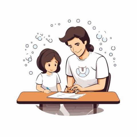 Father and daughter doing homework together. Vector illustration