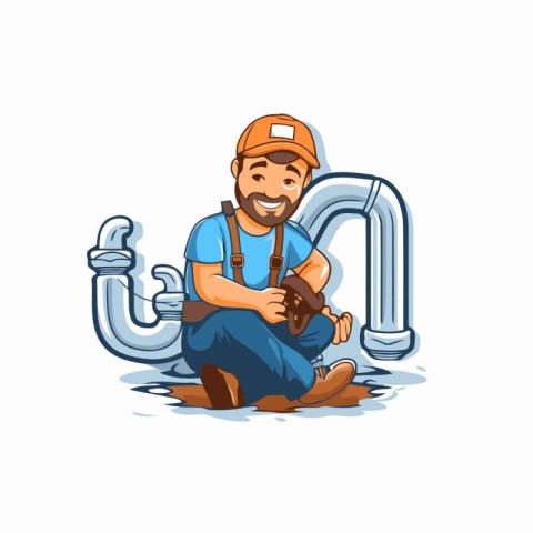 Plumber with pipe. Repairman cartoon character. Vector illustrat