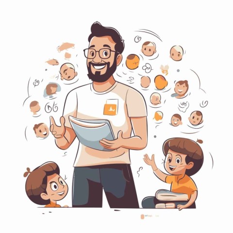 Teacher with children. Vector illustration in a flat cartoon sty