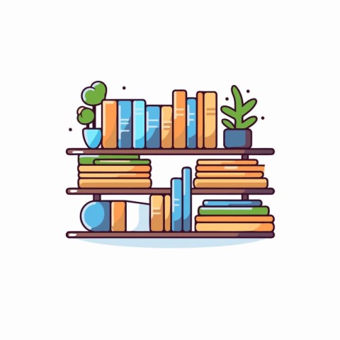 Bookshelf with books and potted plants over white background. co